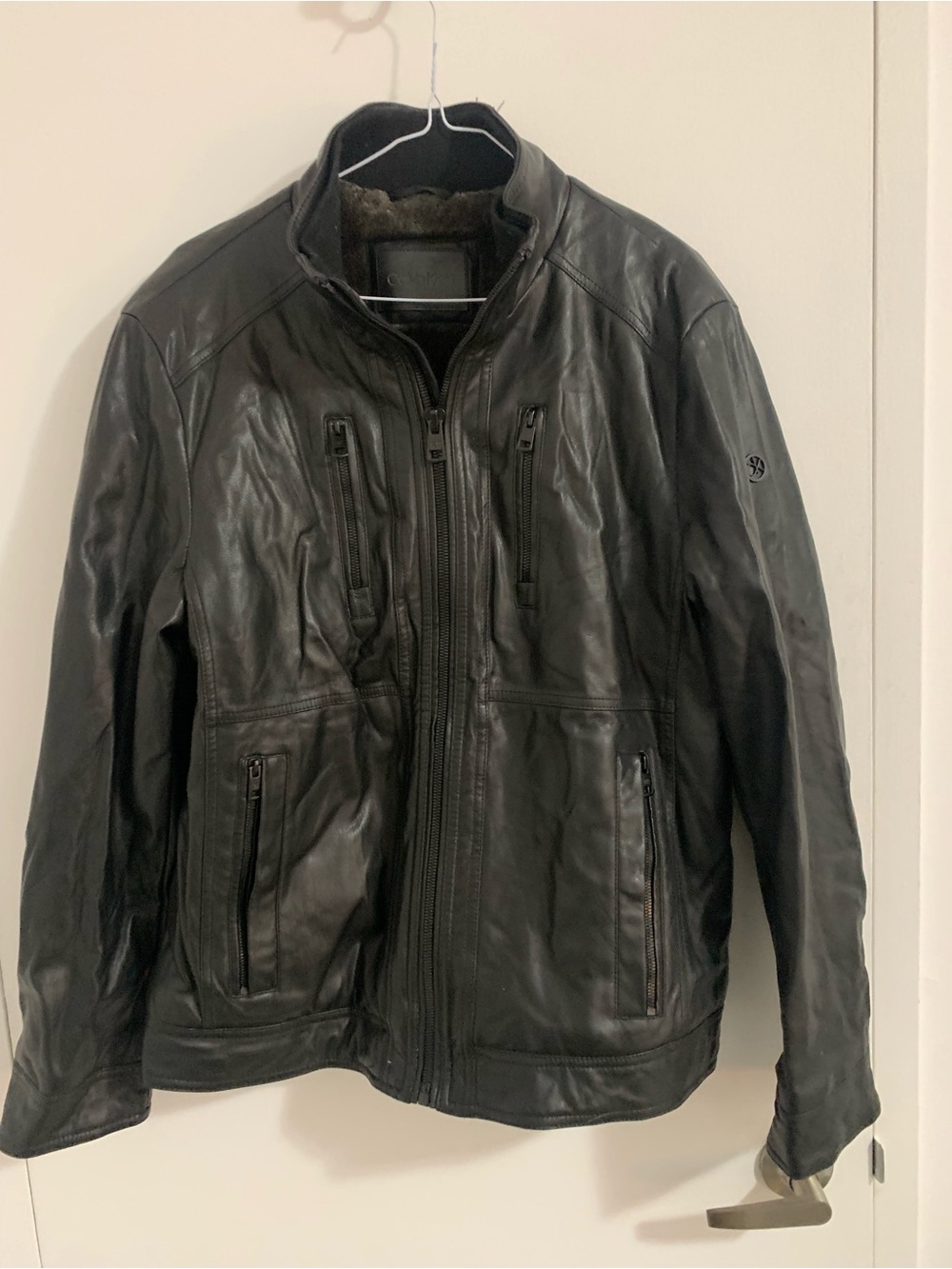 Calvin Klein Black Leather Zip-Up Bomber Jacket